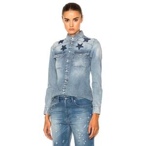 Givenchy Blue Denim Washed Star Chambray Pearl Snap Button Down Shirt 36 US 4